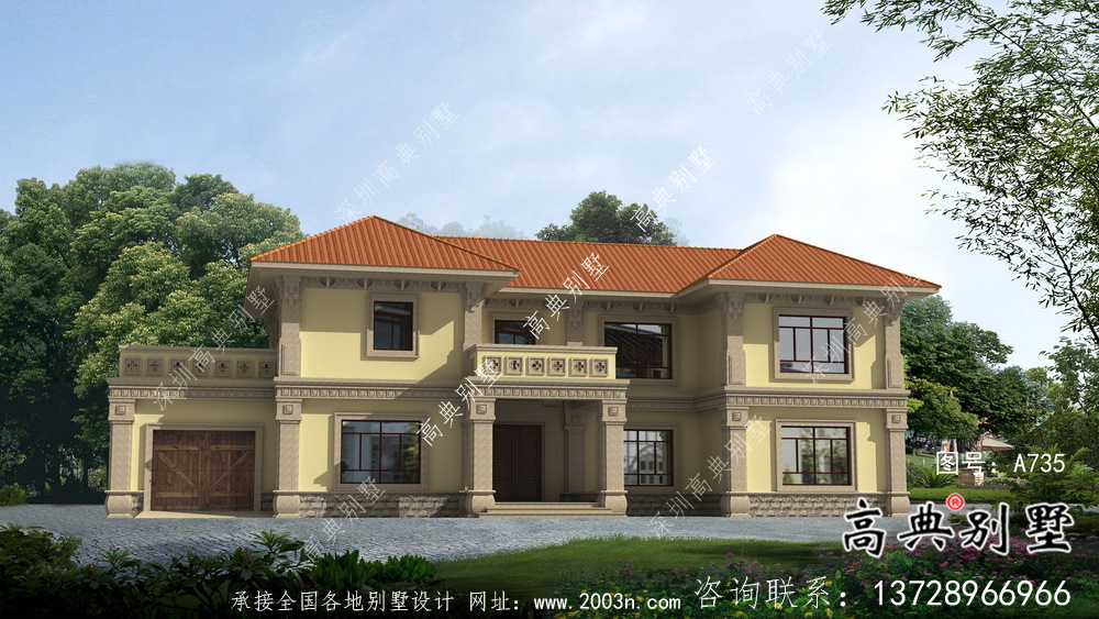 鄉(xiāng)村二層帶車庫(kù)歐式自建別墅施工效果全套圖紙