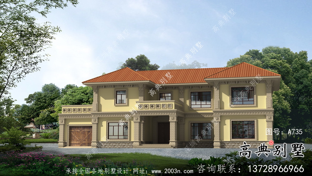 鄉(xiāng)村二層帶車庫(kù)歐式自建別墅施工效果全套圖紙