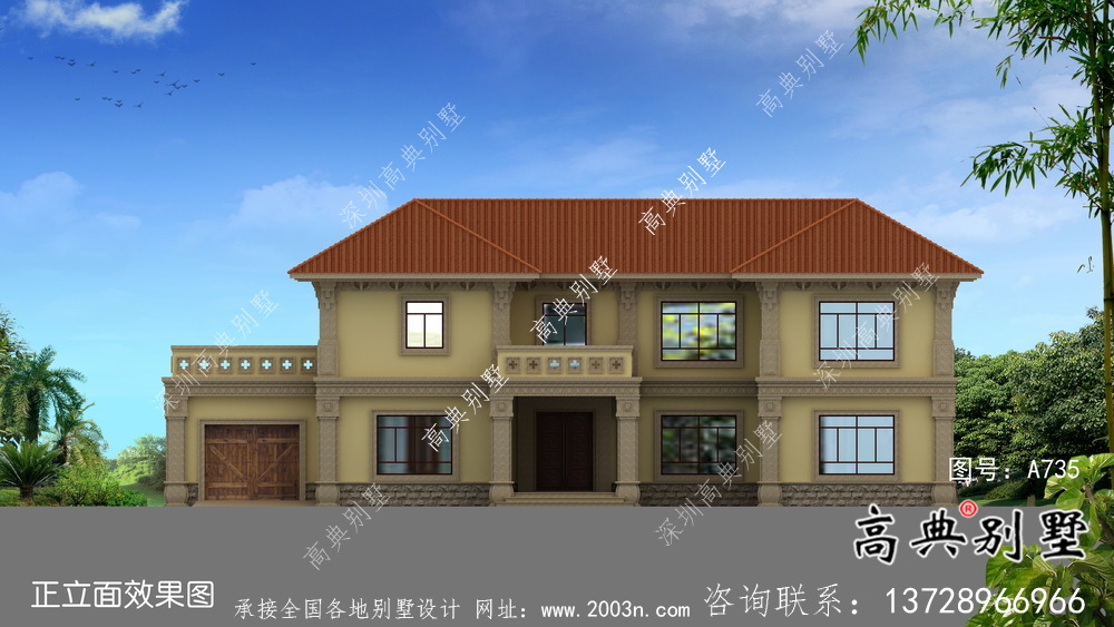 鄉(xiāng)村二層帶車庫(kù)歐式自建別墅施工效果全套圖紙