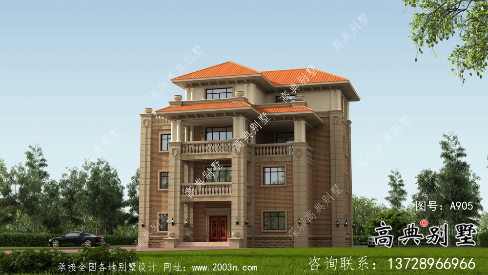 歐式風格多陽臺四層農村奢華別墅設計圖