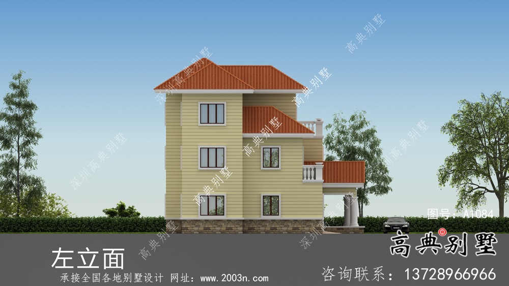歐式風格帶車庫豪華住宅建筑設計圖-效果圖