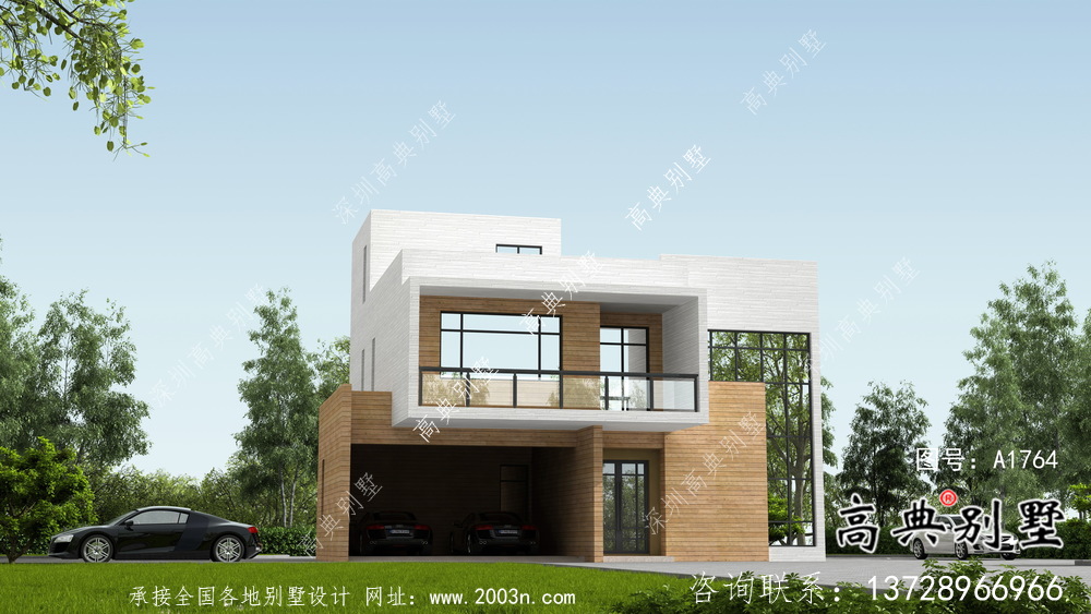 二層自然現(xiàn)代風(fēng)格小型別墅戶型設(shè)計圖，效果圖