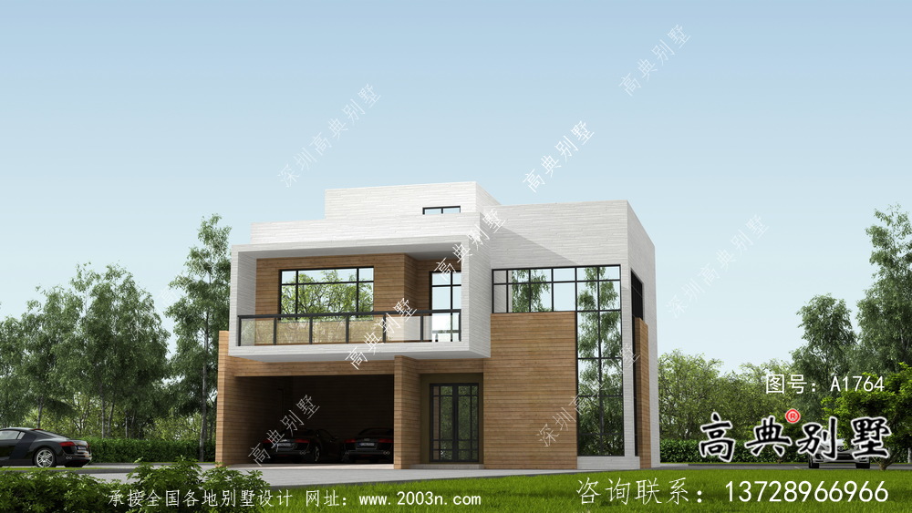 二層自然現(xiàn)代風(fēng)格小型別墅戶型設(shè)計圖，效果圖