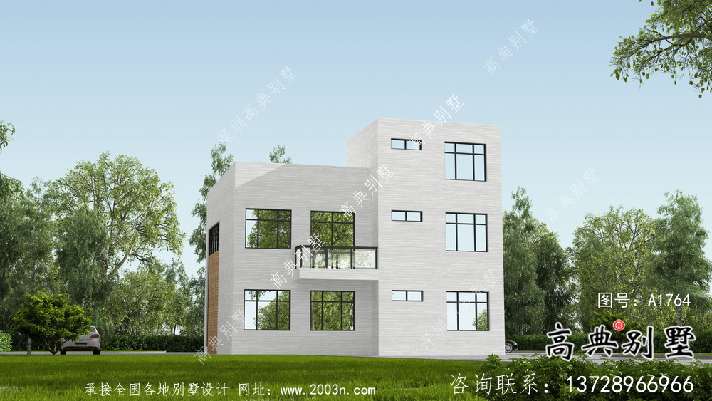 二層自然現(xiàn)代風(fēng)格小型別墅戶型設(shè)計圖，效果圖