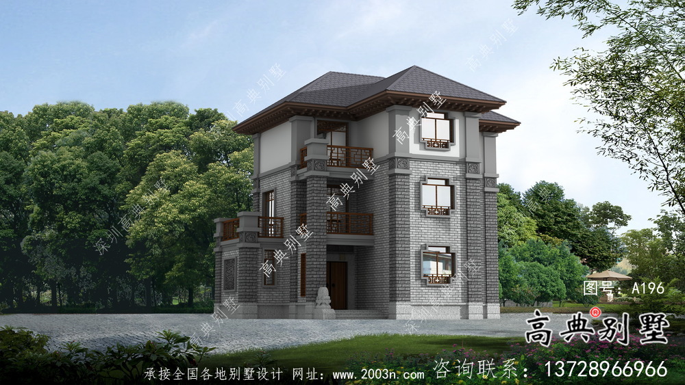 城鎮(zhèn)自建三層中式別墅設(shè)計圖+效果圖