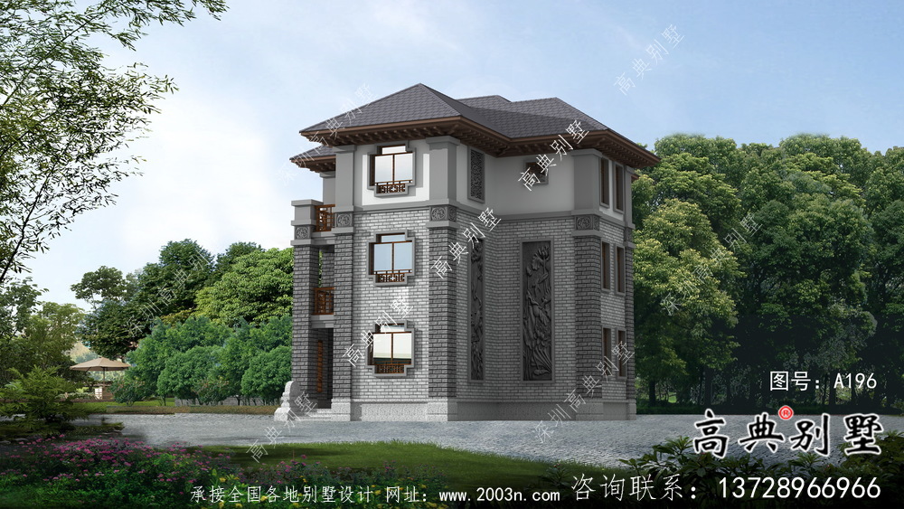 城鎮(zhèn)自建三層中式別墅設(shè)計圖+效果圖