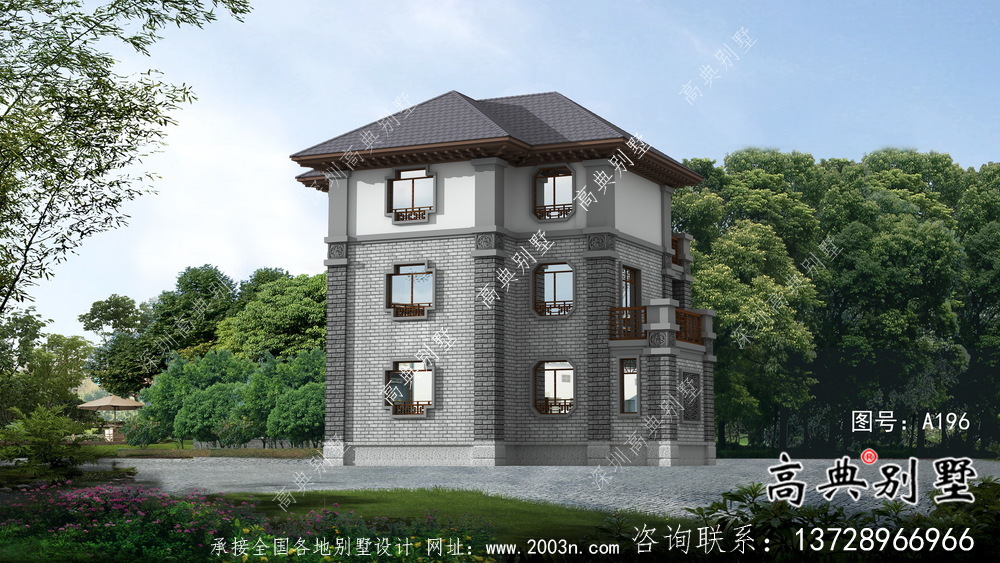 城鎮(zhèn)自建三層中式別墅設(shè)計圖+效果圖