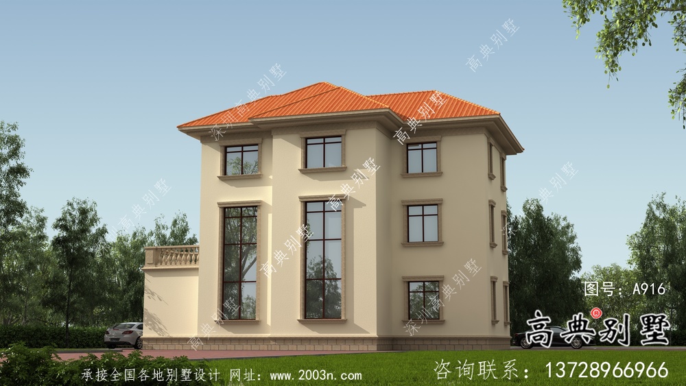 鄉(xiāng)村三層歐式別墅工程外觀效果工程圖紙