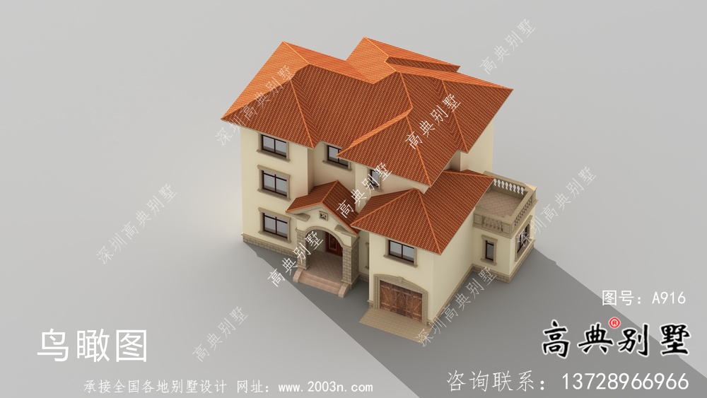 鄉(xiāng)村三層歐式別墅工程外觀效果工程圖紙