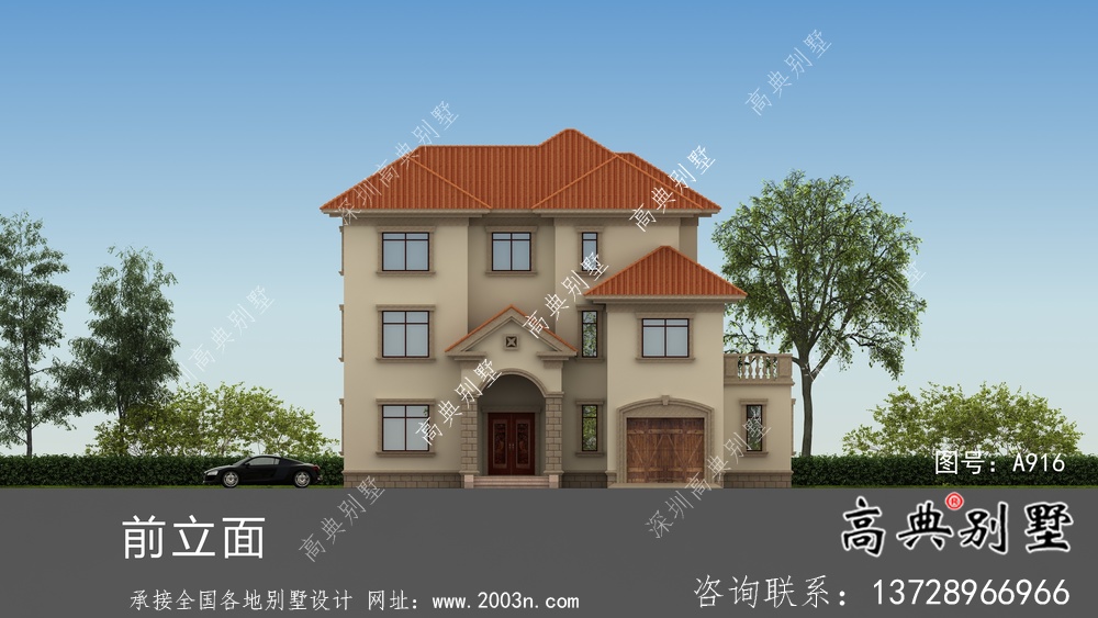 鄉(xiāng)村三層歐式別墅工程外觀效果工程圖紙
