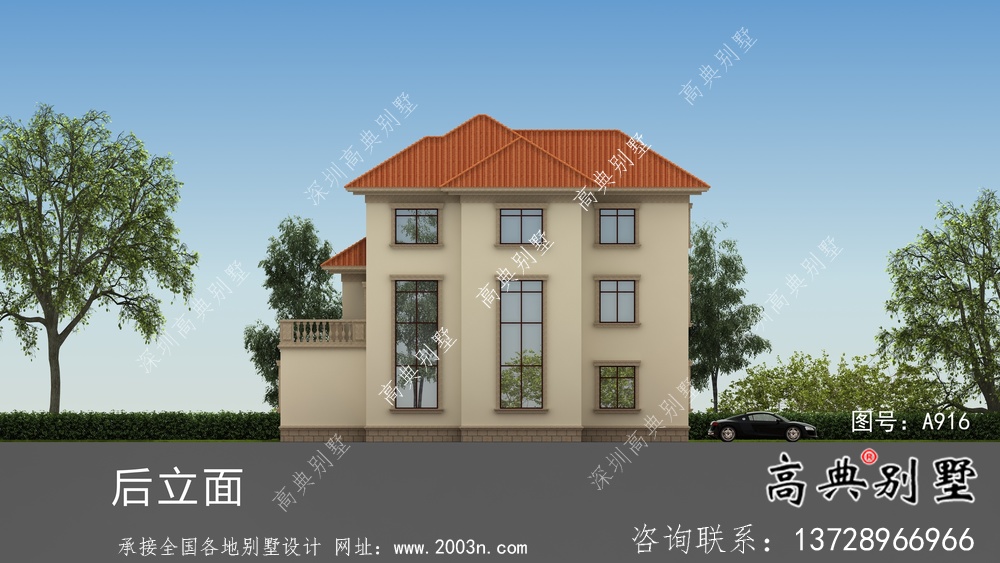 鄉(xiāng)村三層歐式別墅工程外觀效果工程圖紙