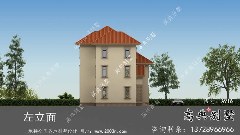 鄉(xiāng)村三層歐式別墅工程外觀效果工程圖紙