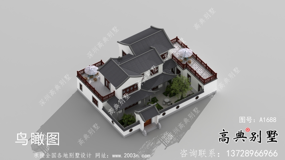 農(nóng)村新中式二層庭院別墅設(shè)計圖紙及效果圖