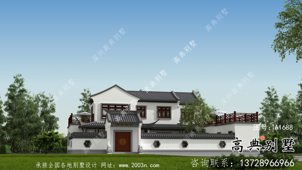 農(nóng)村新中式二層庭院別墅設(shè)計圖紙及效果圖