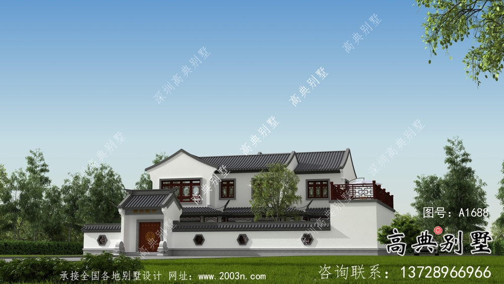 農(nóng)村新中式二層庭院別墅設(shè)計圖紙及效果圖