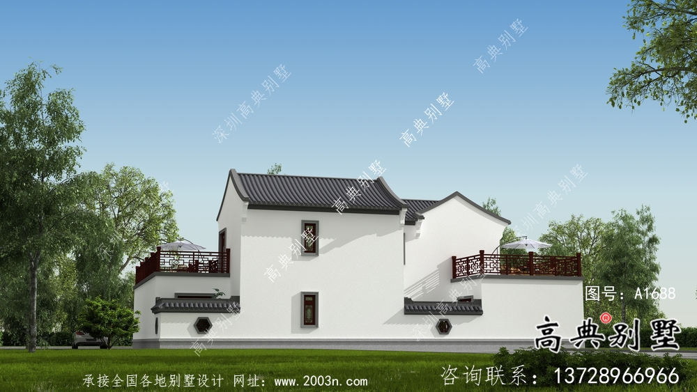 農(nóng)村新中式二層庭院別墅設(shè)計圖紙及效果圖