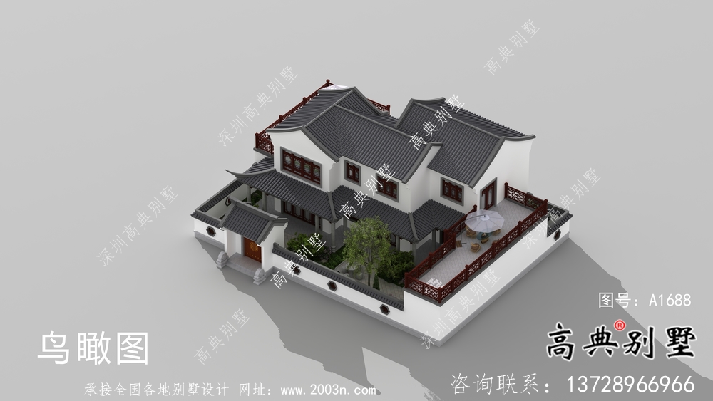農(nóng)村新中式二層庭院別墅設(shè)計圖紙及效果圖