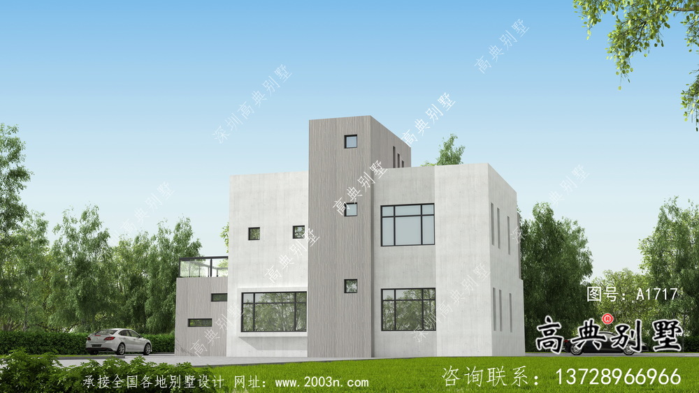 現(xiàn)代平頂二層別墅設(shè)計圖紙及效果圖