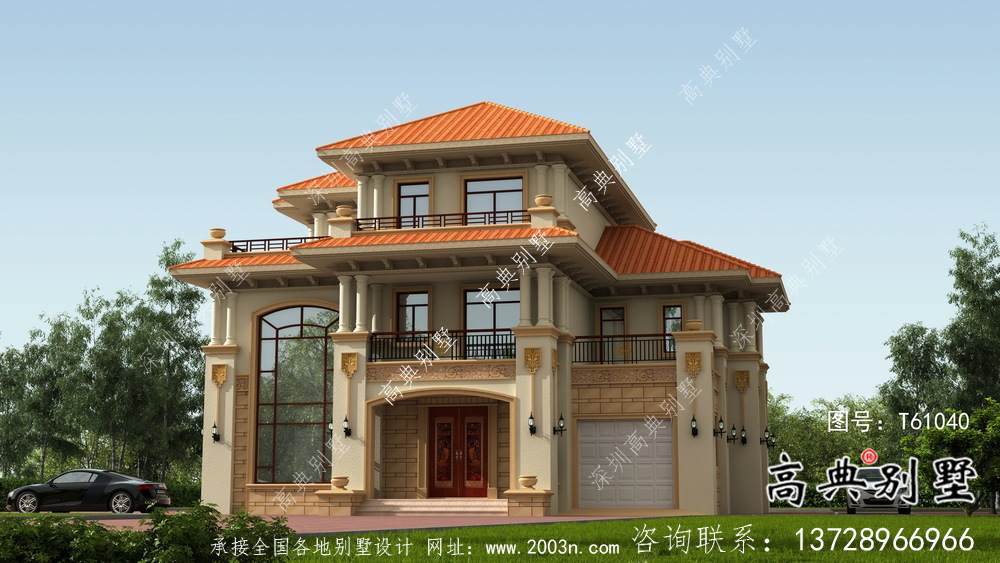 三層實(shí)用帶車庫及露臺別墅設(shè)計(jì)圖（建筑+效果圖）