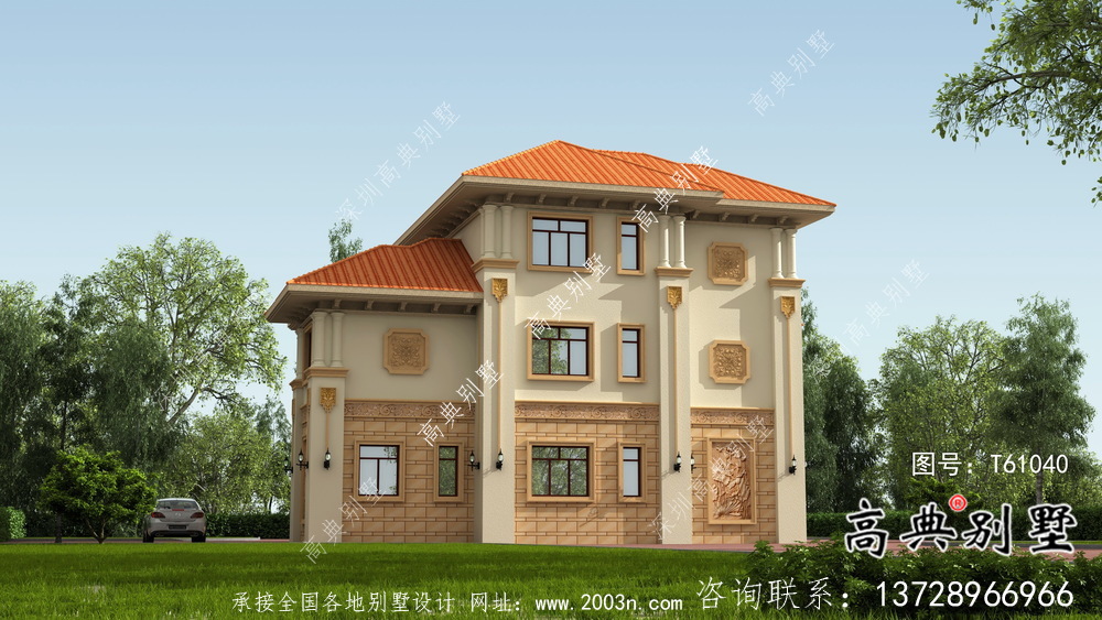 三層實(shí)用帶車庫及露臺別墅設(shè)計(jì)圖（建筑+效果圖）