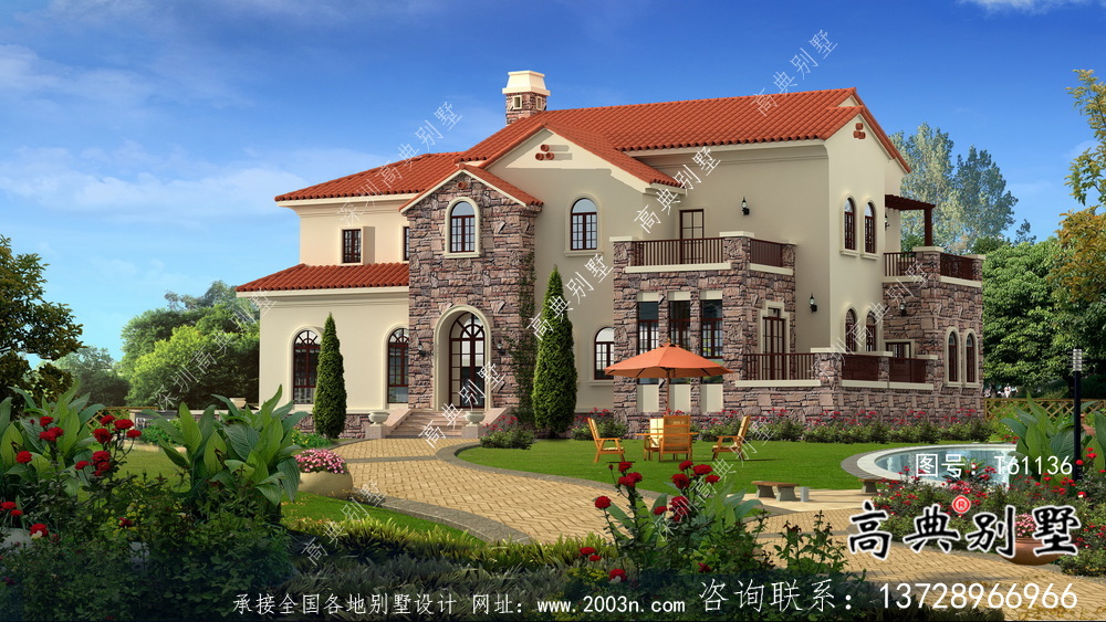 西班牙風(fēng)格二層別墅設(shè)計(jì)圖包括效果圖