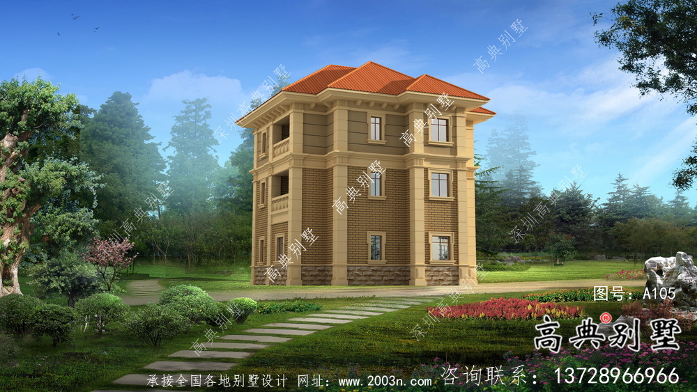 清新三層帶露臺(tái)新農(nóng)村別墅戶型圖（含效果圖）