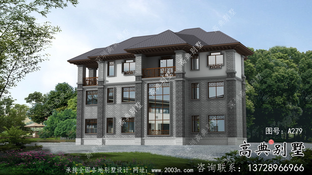 清新中式別墅，新中式自建別墅設(shè)計(jì)圖（效果圖）