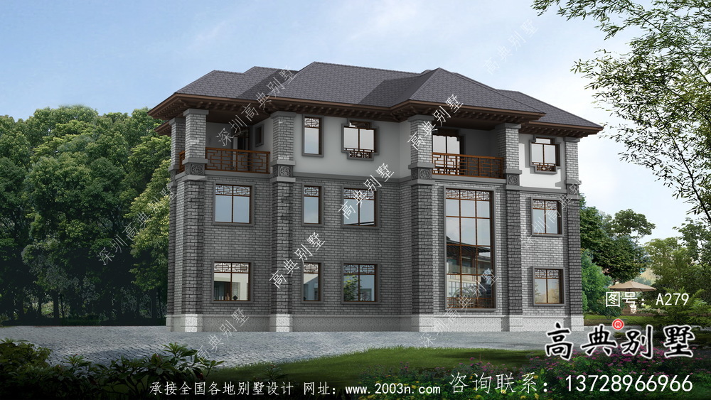 清新中式別墅，新中式自建別墅設(shè)計(jì)圖（效果圖）