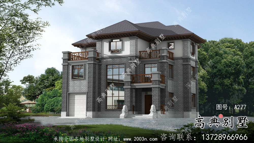 農(nóng)村三層新中式別墅建筑設(shè)計效果圖