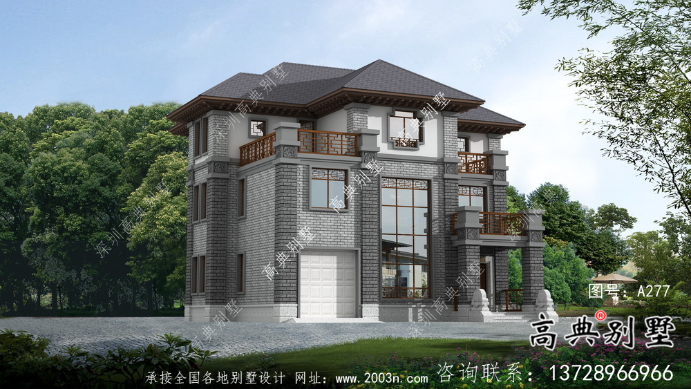 農(nóng)村三層新中式別墅建筑設(shè)計效果圖