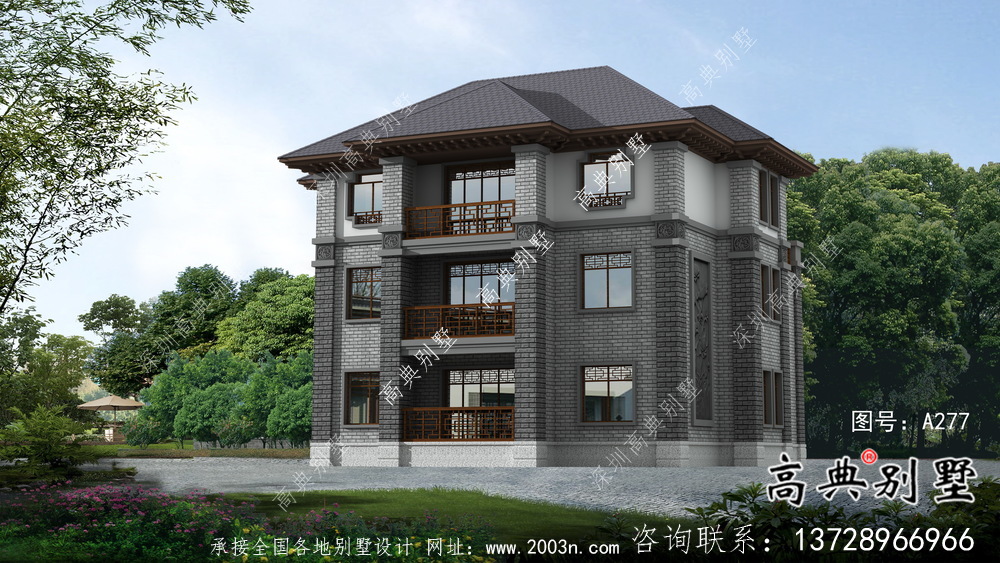 農(nóng)村三層新中式別墅建筑設(shè)計效果圖