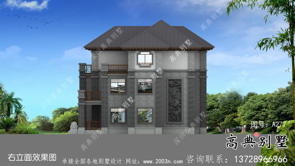 農(nóng)村三層新中式別墅建筑設(shè)計效果圖