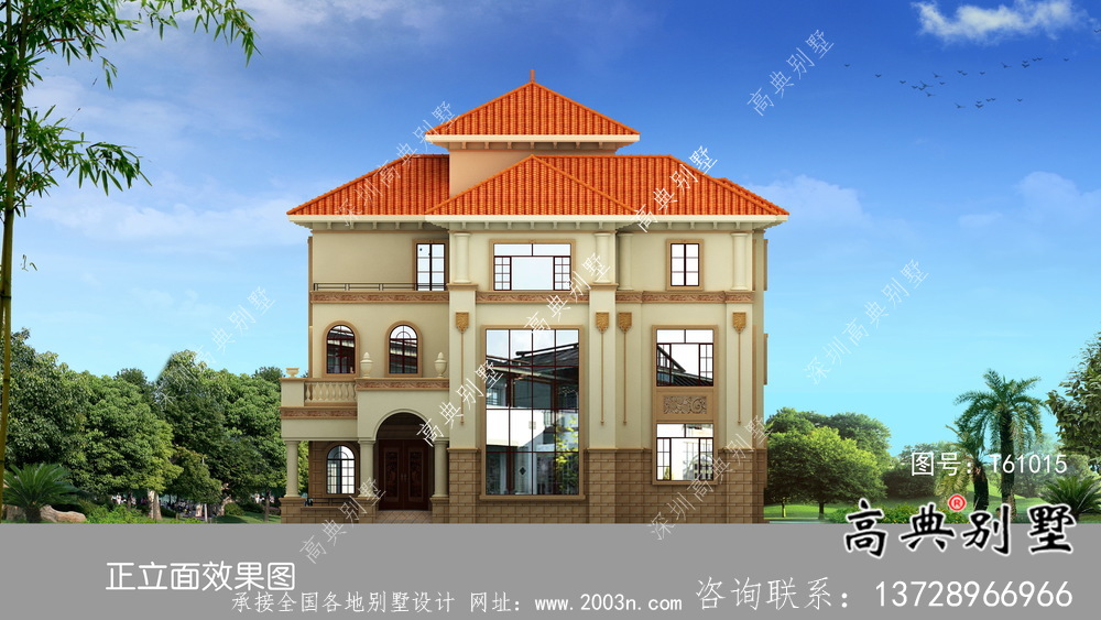 三層帶落地窗典雅大方歐式風(fēng)格別墅設(shè)計(jì)圖（含效果圖）