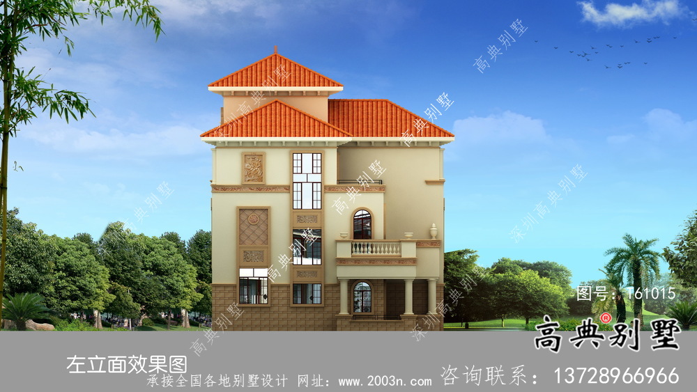 三層帶落地窗典雅大方歐式風(fēng)格別墅設(shè)計(jì)圖（含效果圖）