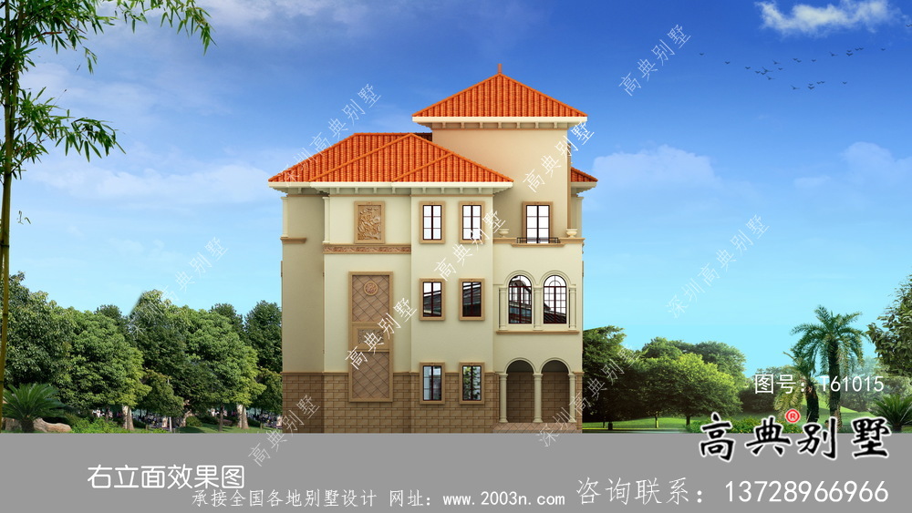 三層帶落地窗典雅大方歐式風(fēng)格別墅設(shè)計(jì)圖（含效果圖）